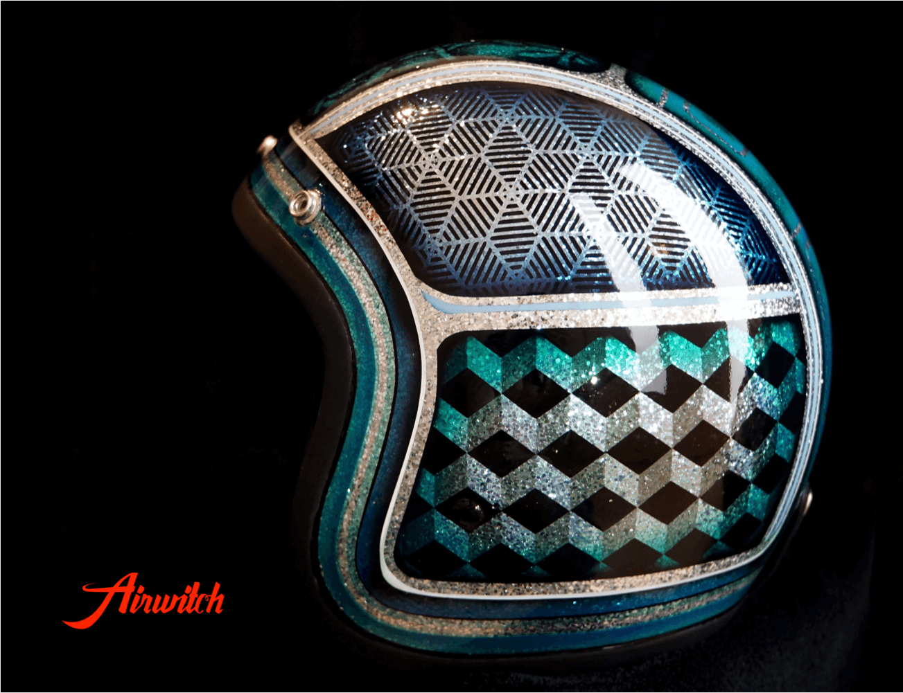 Custom Paint Helm Metalflakes und Oldschool Airbrush in türkis und blau
