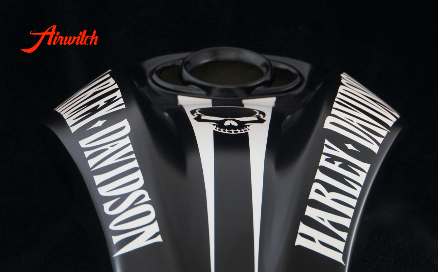 Custom Paint Harley Davidson V-Rod Heckfender und Tank in schwarz-weiß mit Totenkopf und mattem Klarlack