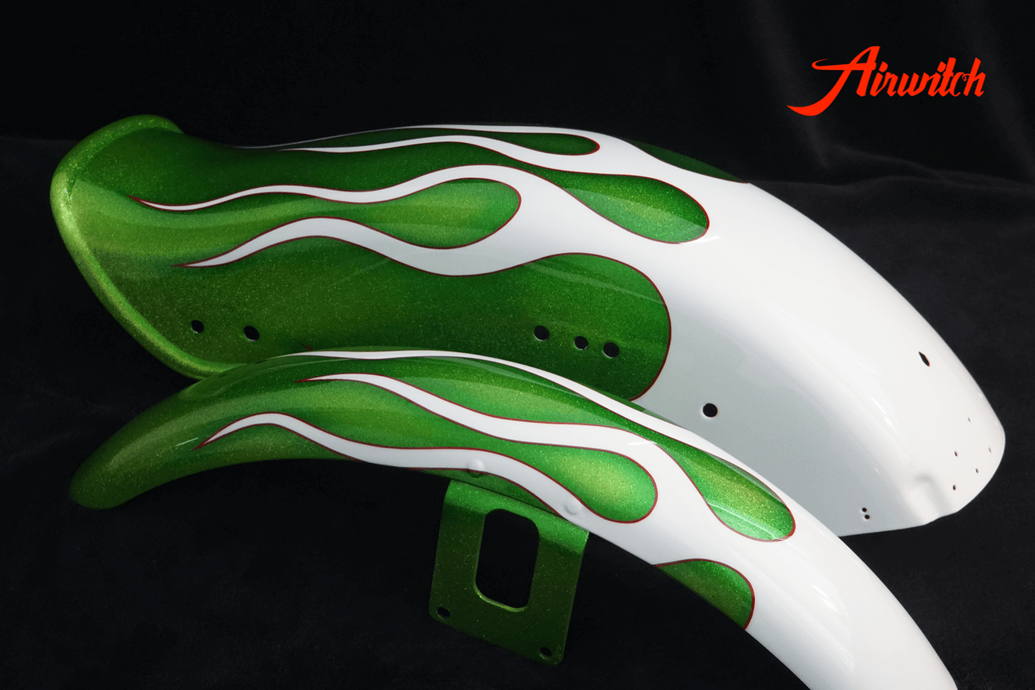 Custom Paint Green Metalflakes white Flames Harley Davidson Sportster Tank, Fender
