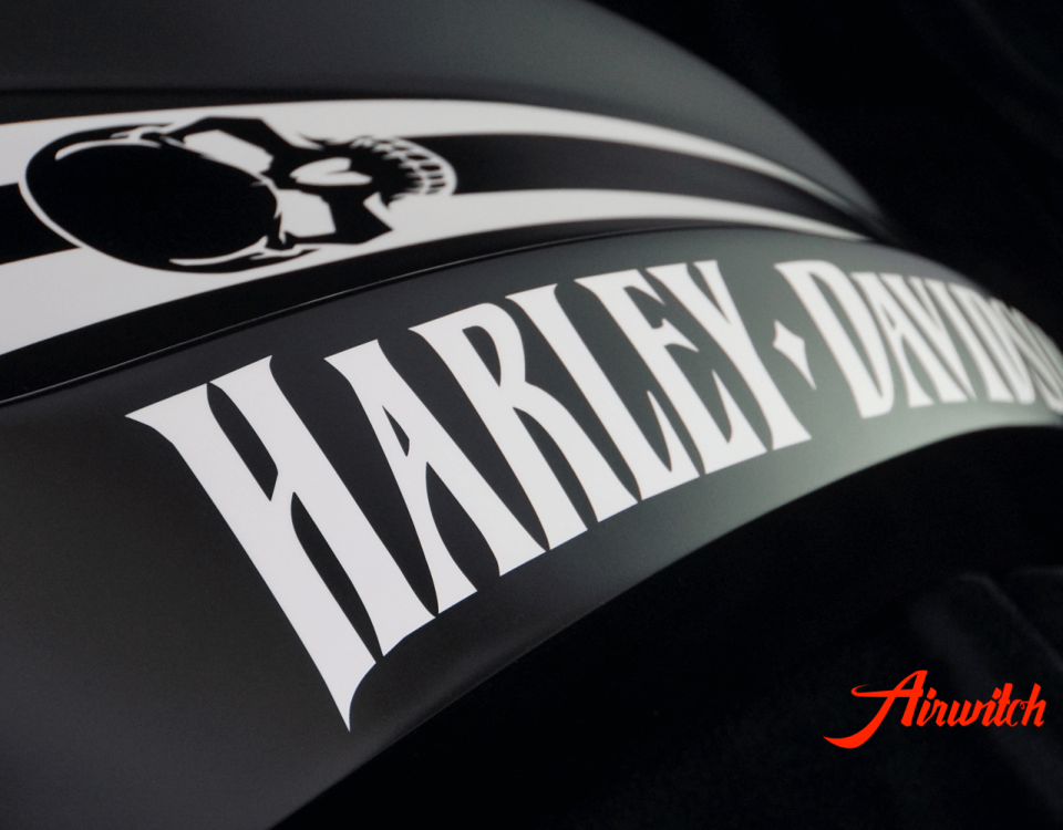 Custom Paint Harley Davidson V-Rod Tank in schwarz-weiß mit Totenkopf und mattem Klarlack